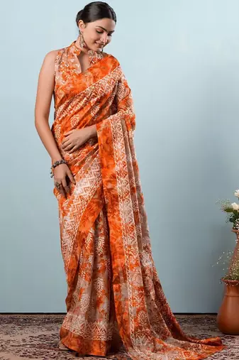 Orange printed silk blend ethnic saree with blouse piece