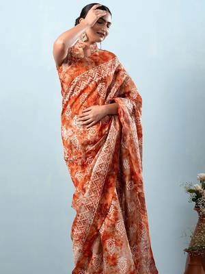 Orange printed silk blend ethnic saree with blouse piece 4