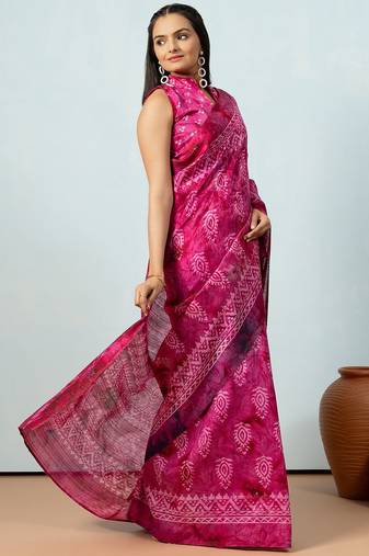 Pink printed silk blend ethnic saree with blouse piece