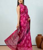 Pink printed silk blend ethnic saree with blouse piece