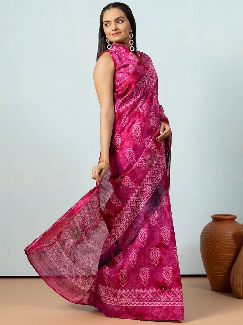 Pink printed silk blend ethnic saree with blouse piece