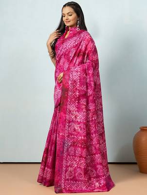 Pink printed silk blend ethnic saree with blouse piece 2