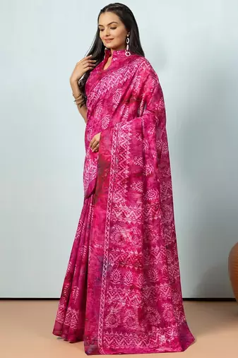 Pink printed silk blend ethnic saree with blouse piece