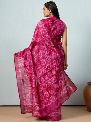 Pink printed silk blend ethnic saree with blouse piece 3