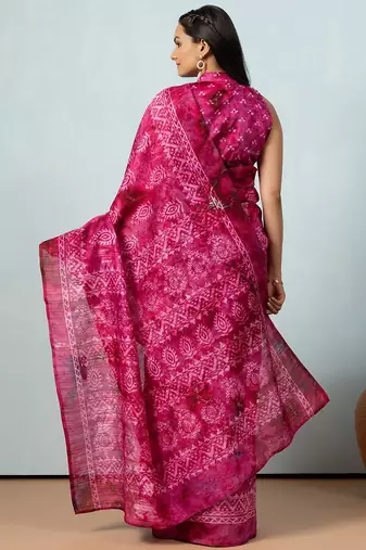 Pink printed silk blend ethnic saree with blouse piece