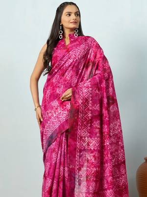 Pink printed silk blend ethnic saree with blouse piece 4