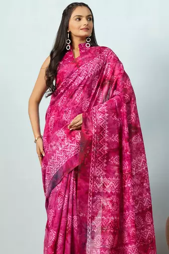 Pink printed silk blend ethnic saree with blouse piece