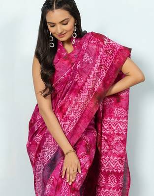 Pink printed silk blend ethnic saree with blouse piece 5