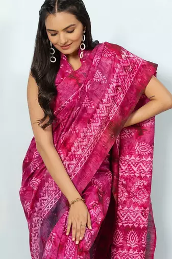 Pink printed silk blend ethnic saree with blouse piece