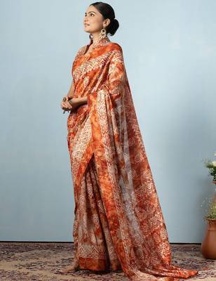 Orange printed silk blend ethnic saree with blouse piece 1