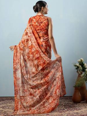 Orange printed silk blend ethnic saree with blouse piece 2