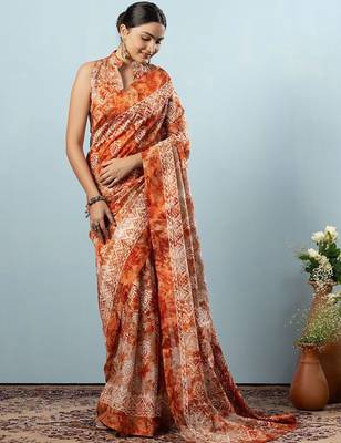 Orange printed silk blend ethnic saree with blouse piece 3