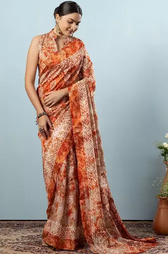 Orange printed silk blend ethnic saree with blouse piece