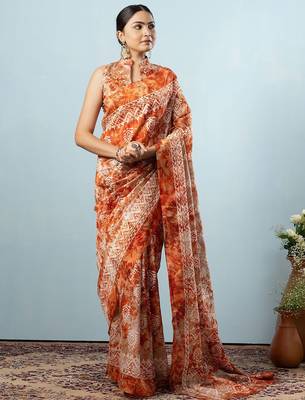 Orange printed silk blend ethnic saree with blouse piece 4