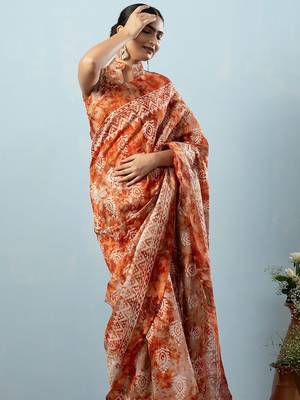 Orange printed silk blend ethnic saree with blouse piece 5