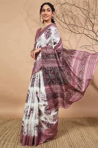 Purple floral printed jute casual saree with blouse piece