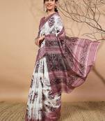 Purple floral printed jute casual saree with blouse piece