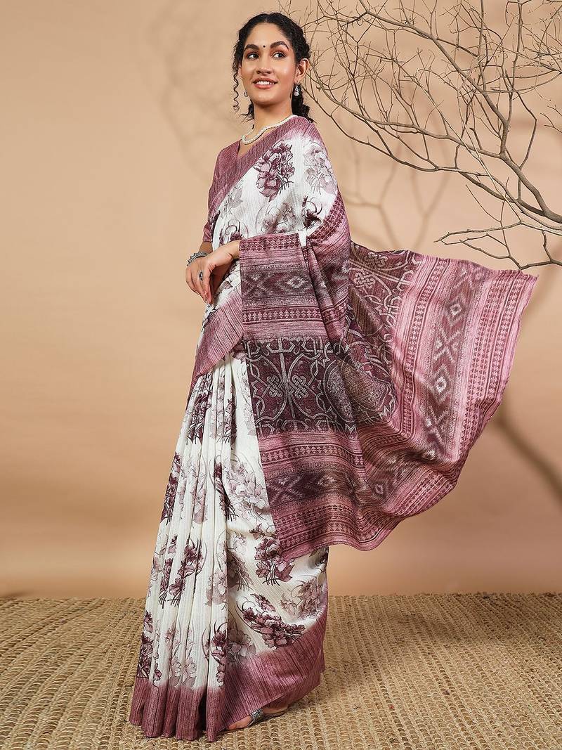 Purple floral printed jute casual saree with blouse piece