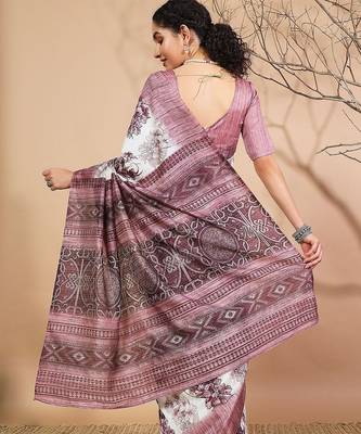 Purple floral printed jute casual saree with blouse piece 2