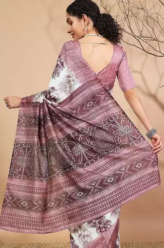 Purple floral printed jute casual saree with blouse piece
