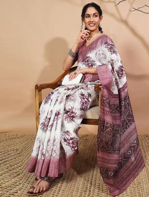 Purple floral printed jute casual saree with blouse piece 3
