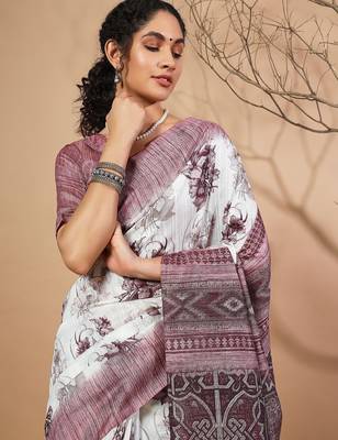 Purple floral printed jute casual saree with blouse piece 4