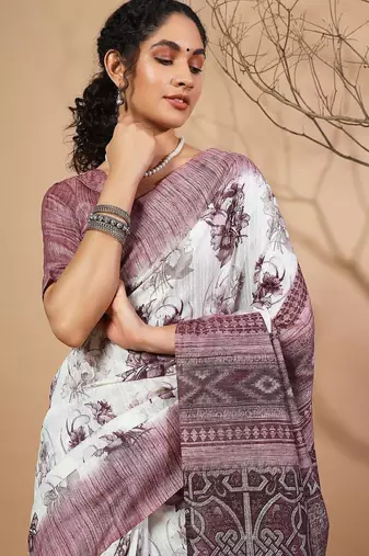 Purple floral printed jute casual saree with blouse piece