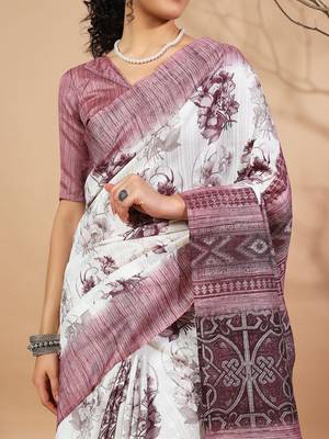 Purple floral printed jute casual saree with blouse piece 5