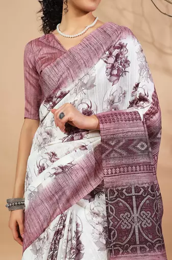 Purple floral printed jute casual saree with blouse piece