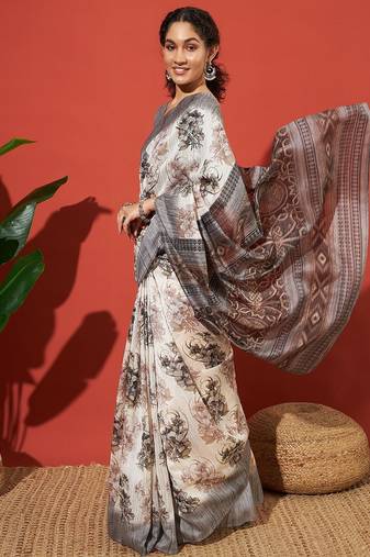 Grey floral printed jute casual saree with blouse piece