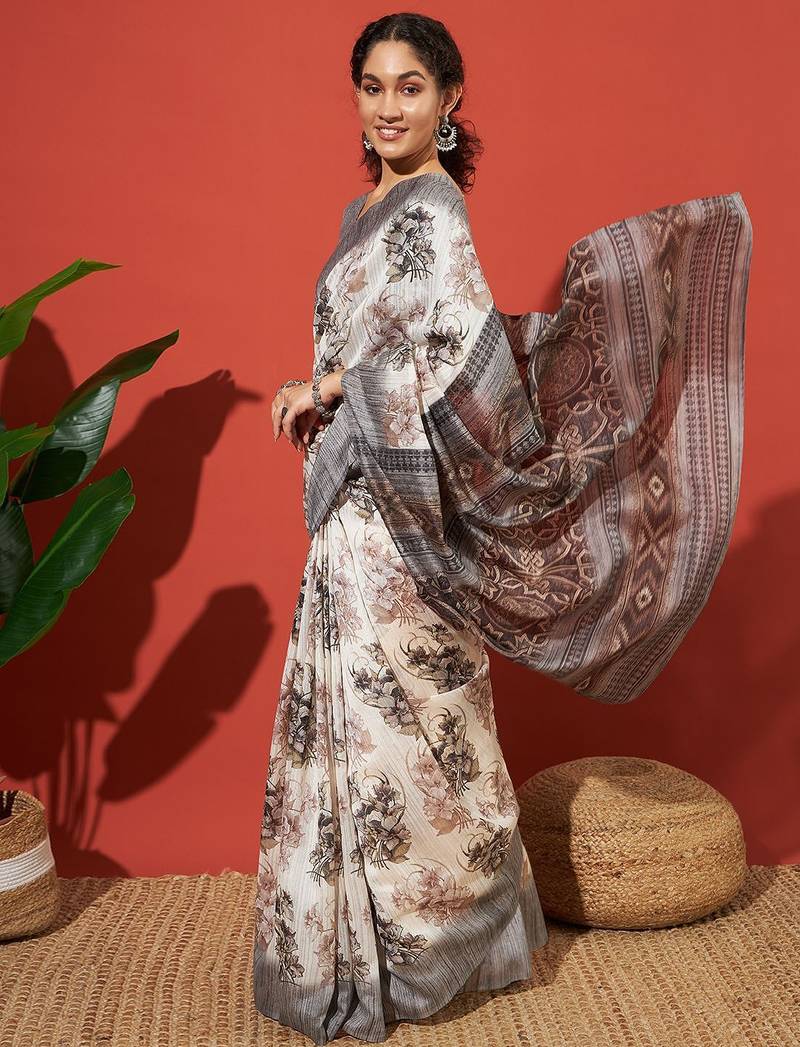 Grey floral printed jute casual saree with blouse piece