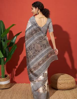 Grey floral printed jute casual saree with blouse piece 2