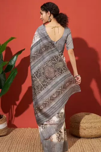 Grey floral printed jute casual saree with blouse piece