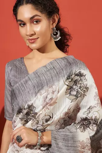Grey floral printed jute casual saree with blouse piece
