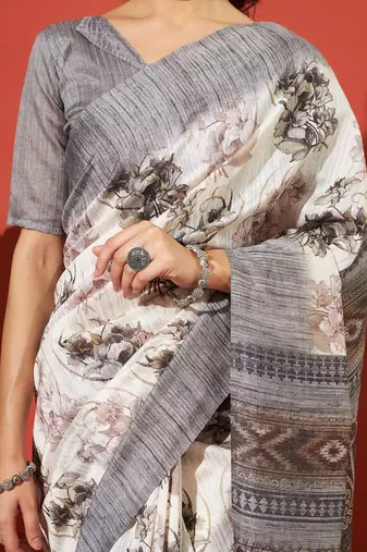 Grey floral printed jute casual saree with blouse piece