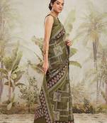 Green floral printed jute casual saree with blouse piece