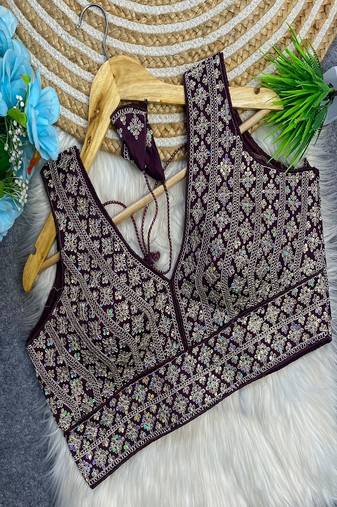 Wine purple heavy embroidered silk bridal blouse | designer sequin work readymade saree blouse for women