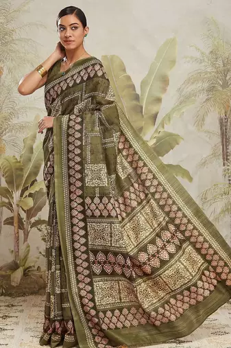 Green floral printed jute casual saree with blouse piece