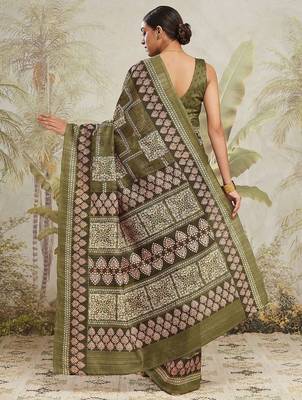 Green floral printed jute casual saree with blouse piece 3