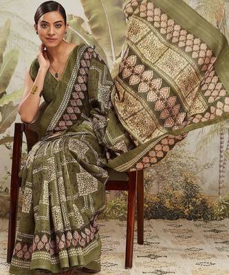 Green floral printed jute casual saree with blouse piece 4