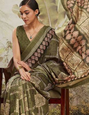 Green floral printed jute casual saree with blouse piece 5