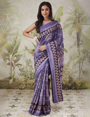 Purple printed blended cotton designer saree with blouse piece 1