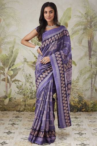 Purple printed blended cotton designer saree with blouse piece