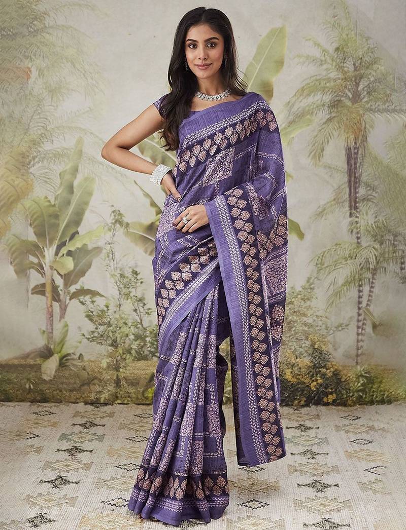 Purple printed blended cotton designer saree with blouse piece
