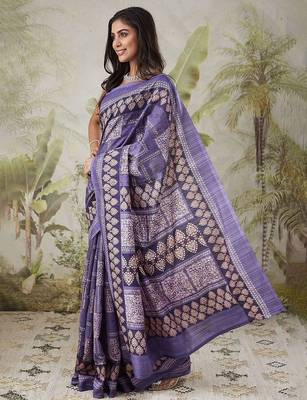 Purple printed blended cotton designer saree with blouse piece 2
