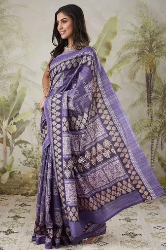 Purple printed blended cotton designer saree with blouse piece