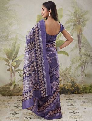 Purple printed blended cotton designer saree with blouse piece 3