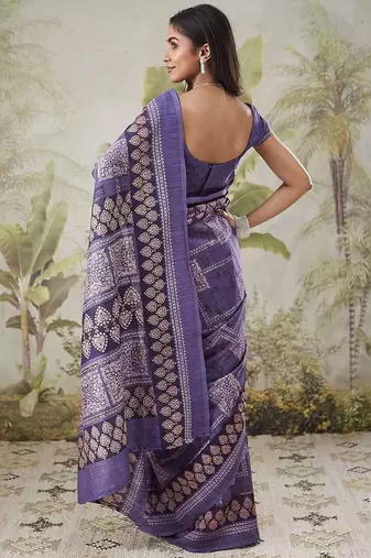 Purple printed blended cotton designer saree with blouse piece