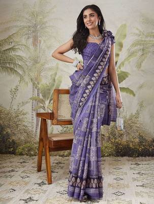 Purple printed blended cotton designer saree with blouse piece 4