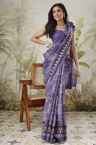 Purple printed blended cotton designer saree with blouse piece